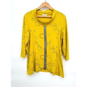 Chalet et Ceci Top Yellow Abstract Print Zip Funnel Neck S Lagenlook Casual S